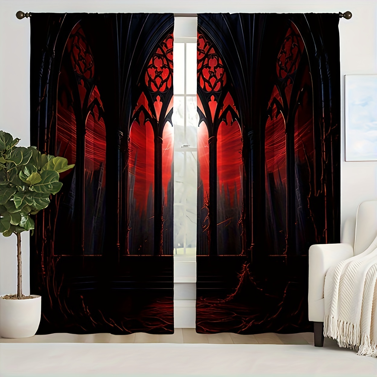 

2pcs Vintage Gothic Sunset Black Curtains With - Rod Pocket, Fade-resistant Polyester For Living Room Decor, Machine Washable, Curtains For Living Room