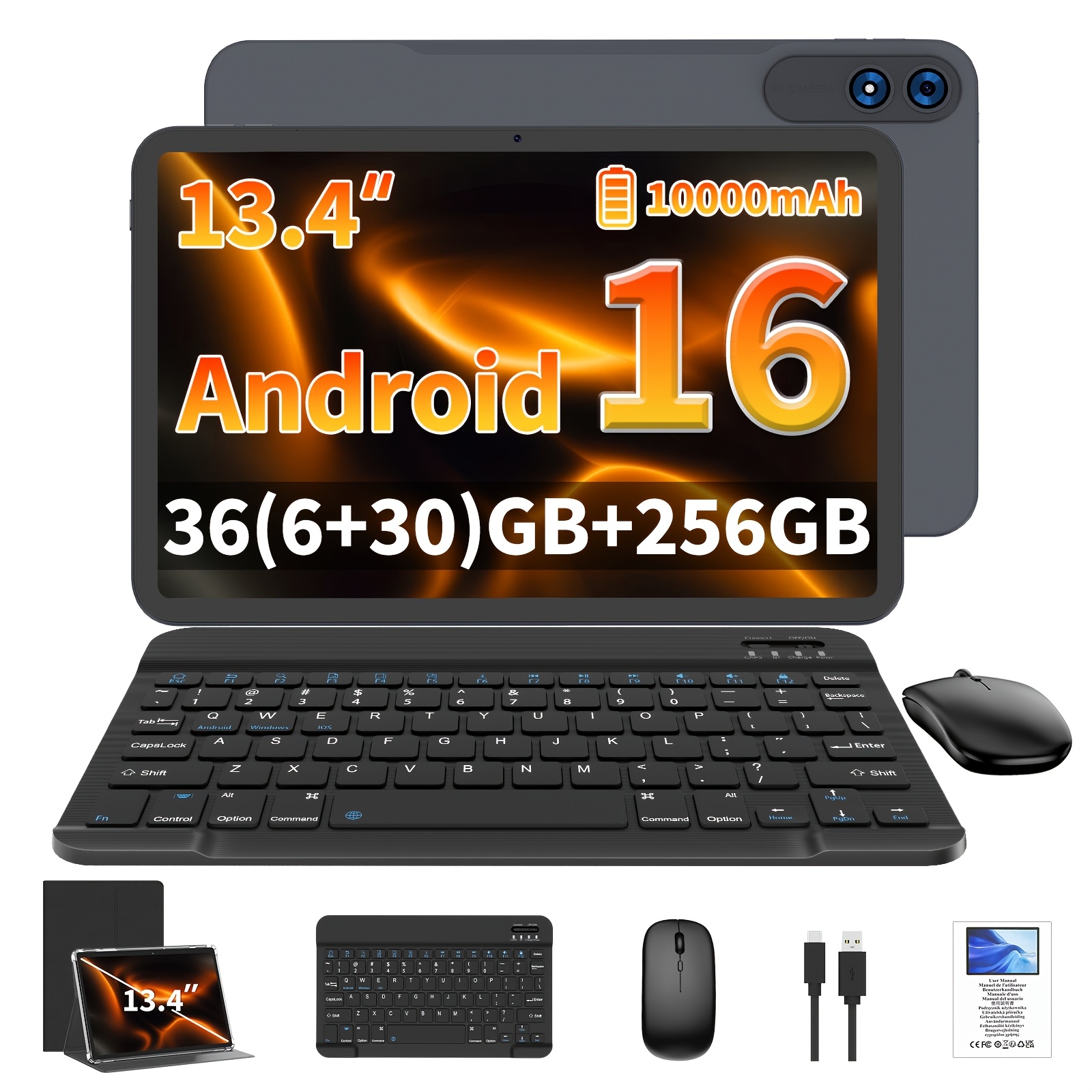 TEMU 13,4 Zoll 16 Tablet, 36 (6GB+30GB) RAM, 256GB ROM, 10000mAh, -Core, 1920x1200 FHD LED-Bildschirm, L1, Pad mit Tastatur, kabellose Maus, Hülle,