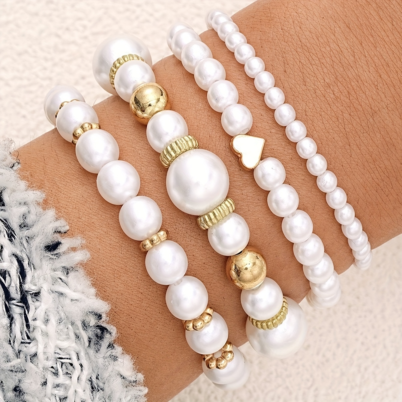 TEMU 4 pièces Bracelet Perles Artificielles Élégant Style Coréen, Bracelet Élastique à Perles Empilées avec Accent Cœur Délicat, Bijou Polyvalent de