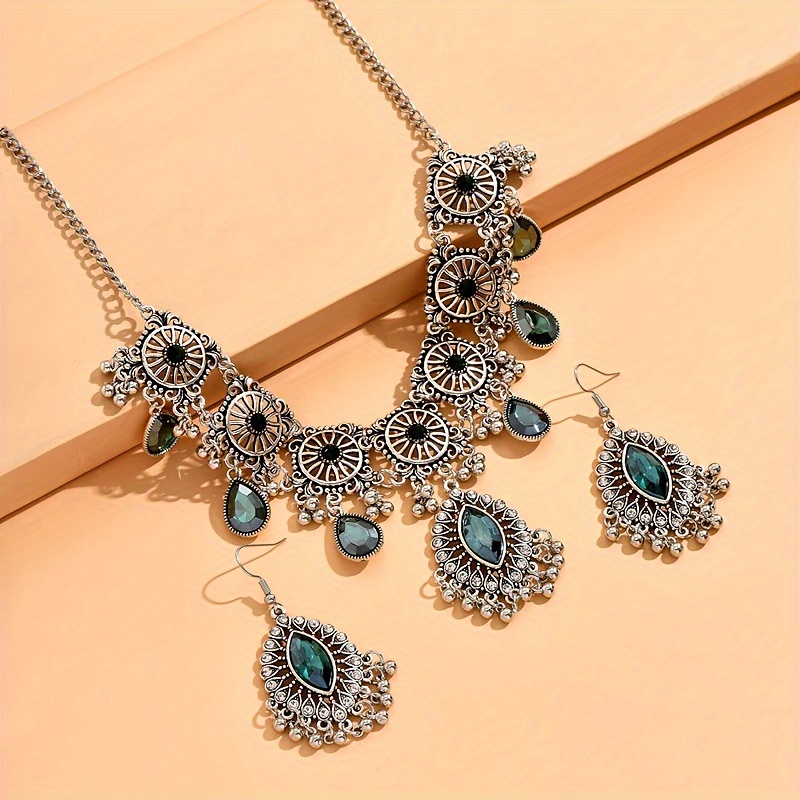 vintage exquisite flower pattern synthetic gems inlaid dangle earrings necklace luxury ethnic style silver plated jewelry jewelry set gifts for women gifts for eid details 1