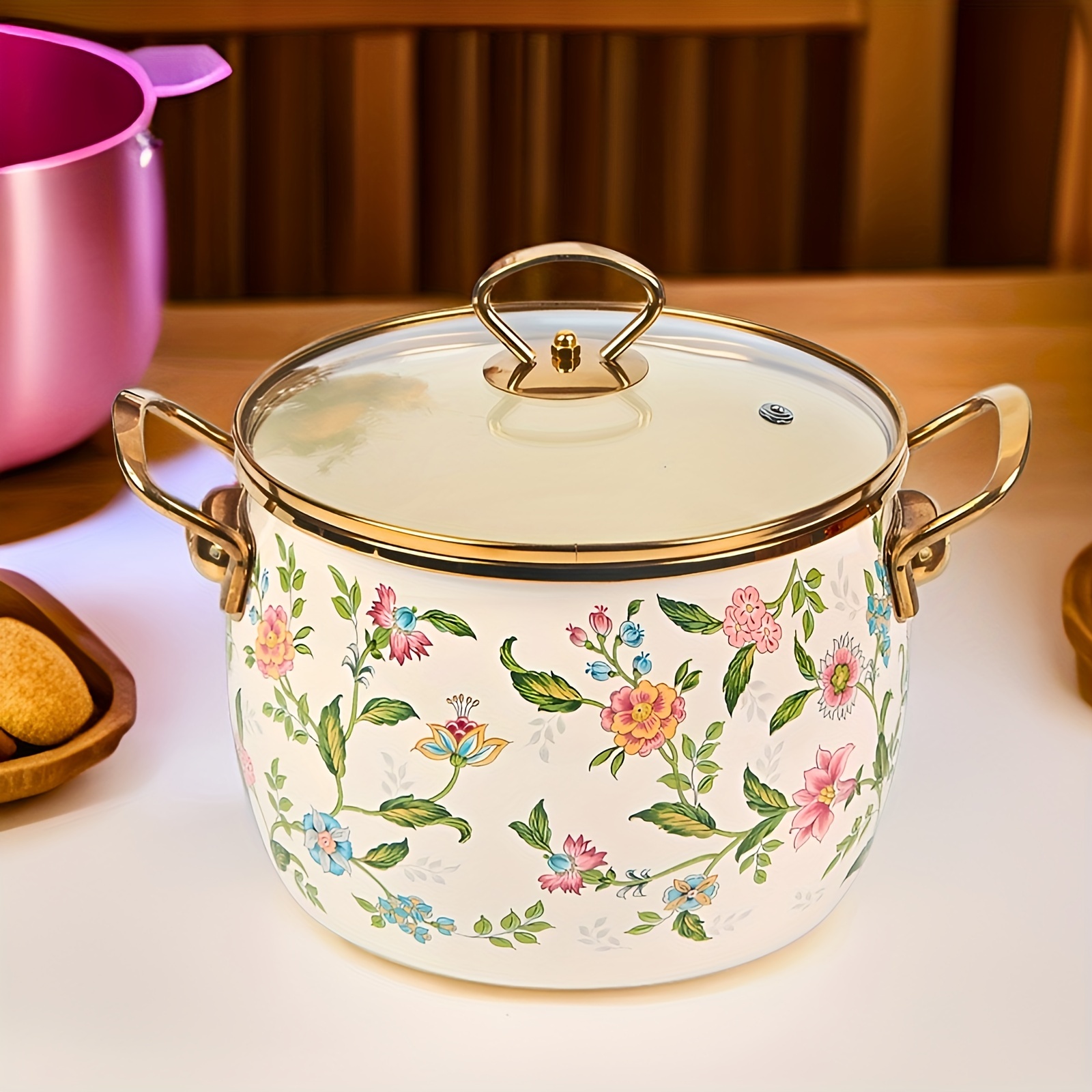 enamel saucepan with glass lid   non stick dishwasher safe large capacity golden handle kitchen cookware double handle soup pot details 5