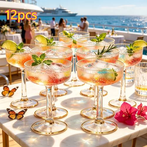 item picture 12pcs transparent ribbed martini coupe glasses 7oz art deco reusable flutes margarita glasses liquor glassware suitable for valentines day weddings anniversaries birthday parties family cocktails