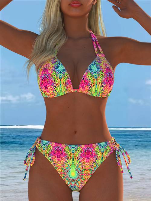 two piece bikini set with adjustable straps side tie design random print adjustable womens swimwear for island swimming