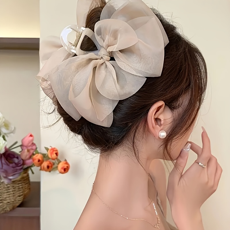new korean style transparent hair claw clip with mesh organza bow hair accessory