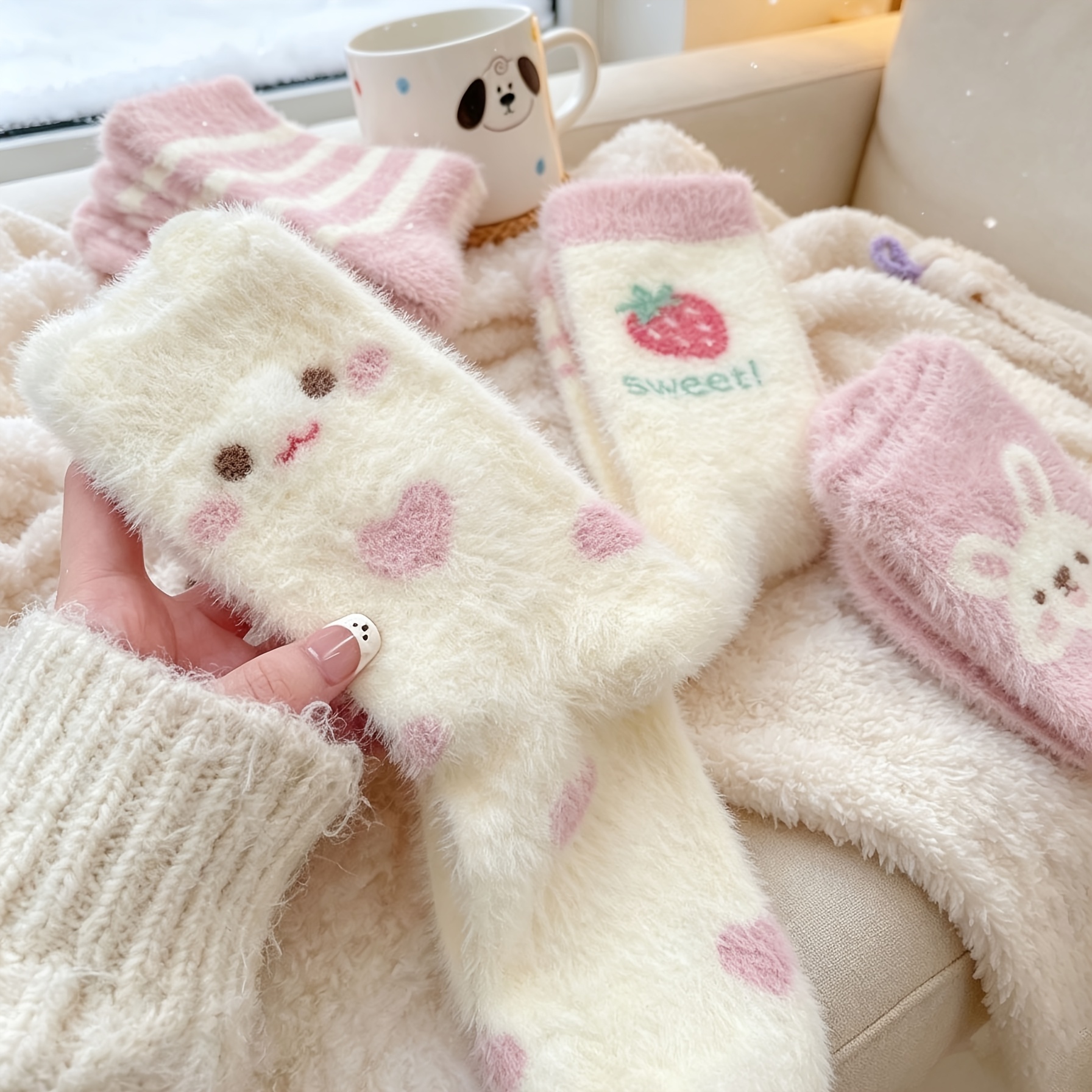TEMU 4 Paar Damen-Plüsch-Wadenhohe Socken mit Hasen- Erdbeermotiv, niedliche weiche Wadenhohe Socken mit Hasenohr-Herz-Jacquard, warme weiche