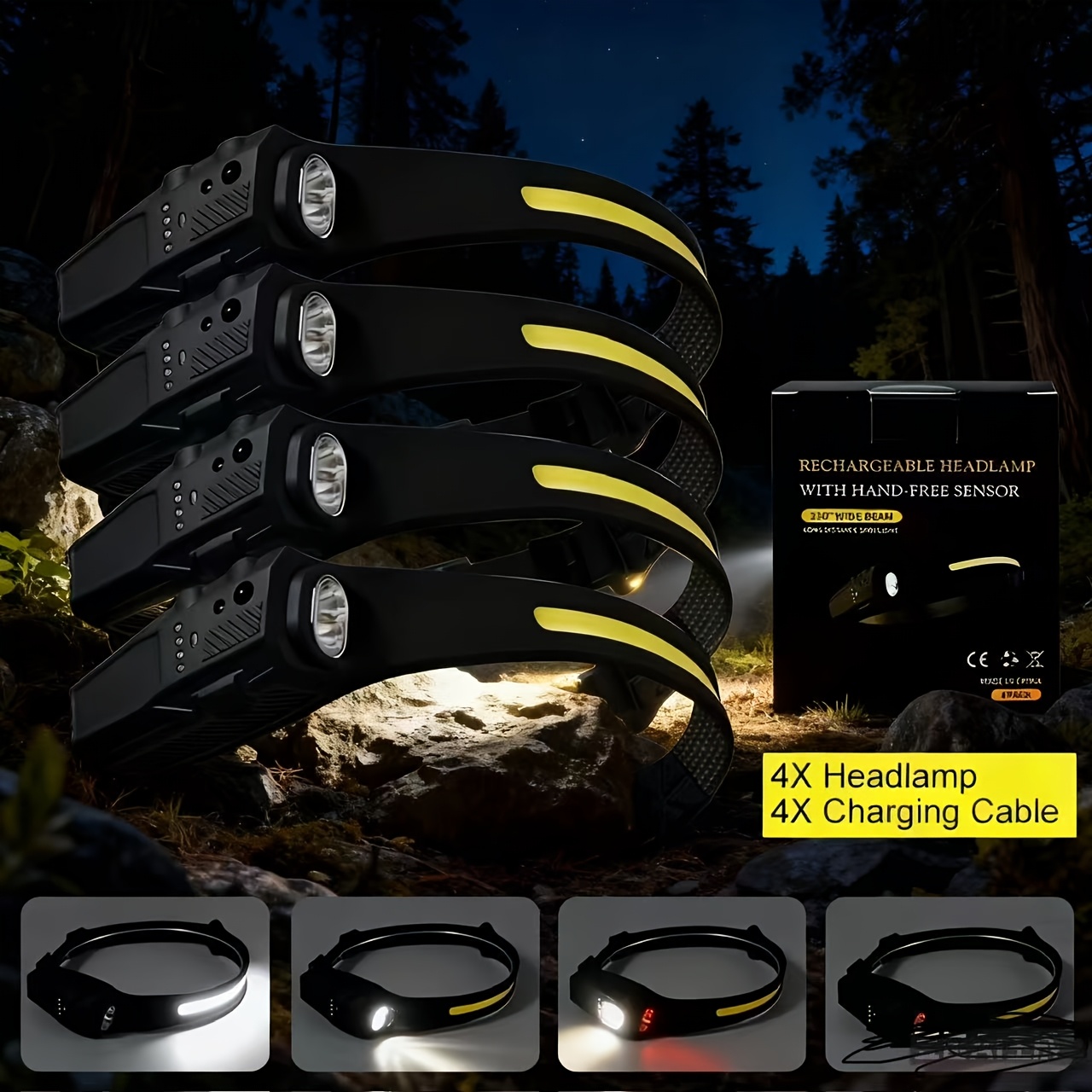 TEMU 4/8pcs Rechargeable Headlamp, 230° Wide Angle Headlamp With 5 Motion Sensor Cob & Led Rechargeable Headlamp, 5 Adult Headlamp, Bright Forehead