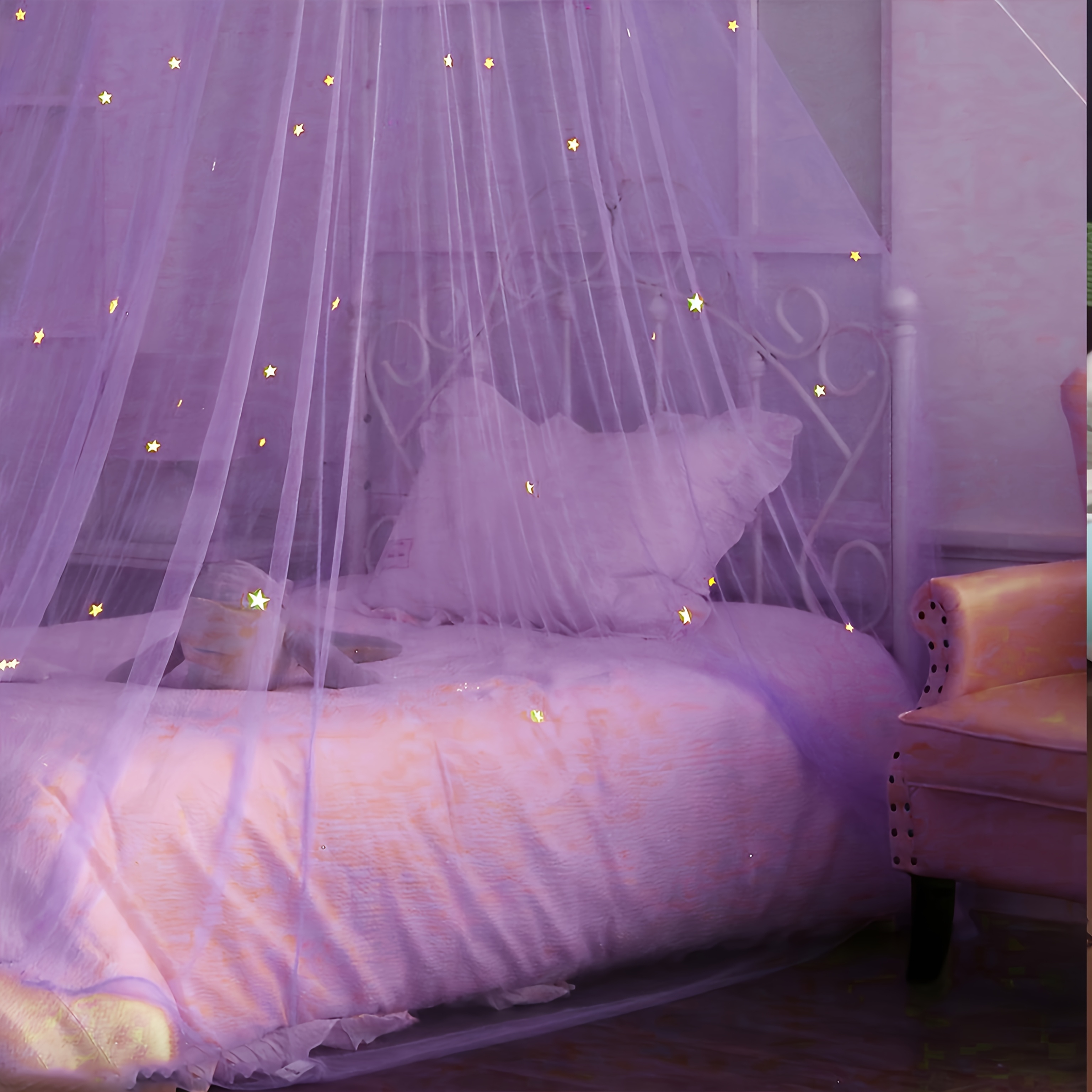 Glowing Stars Princess Bed Canopy Curtains, Unique Purple Decor, Suitable For Indoor And Outdoor Use