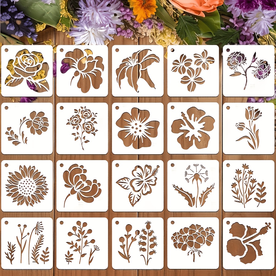 E-shop 20 Stück Blumen Pflanzen Malerei Schablonen Wiederverwendbare Vorlage Wand Schablonen Bastelschablonen Holz Wandmalerei Vorlage Home Dekor