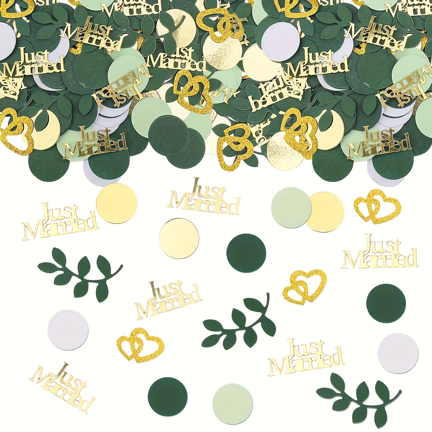 TEMU 70pcs Set Of Newlywed Wedding Confetti, Golden Glitter "just Married" With Green Leaves, Table Decoration Confetti, Wedding Party Celebration