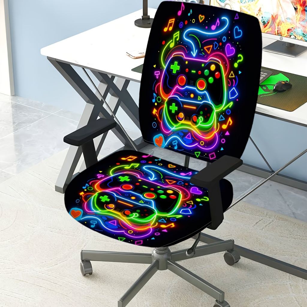 TEMU Ensemble de 2 housses de chaise de bureau imprimées, manettes de jeux vidéo style néon avec musique colorée et de cœur sur fond noir, protection