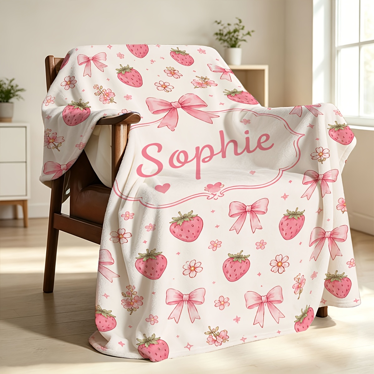 Custom Name Pink Strawberry Floral Pattern Flannel Blanket