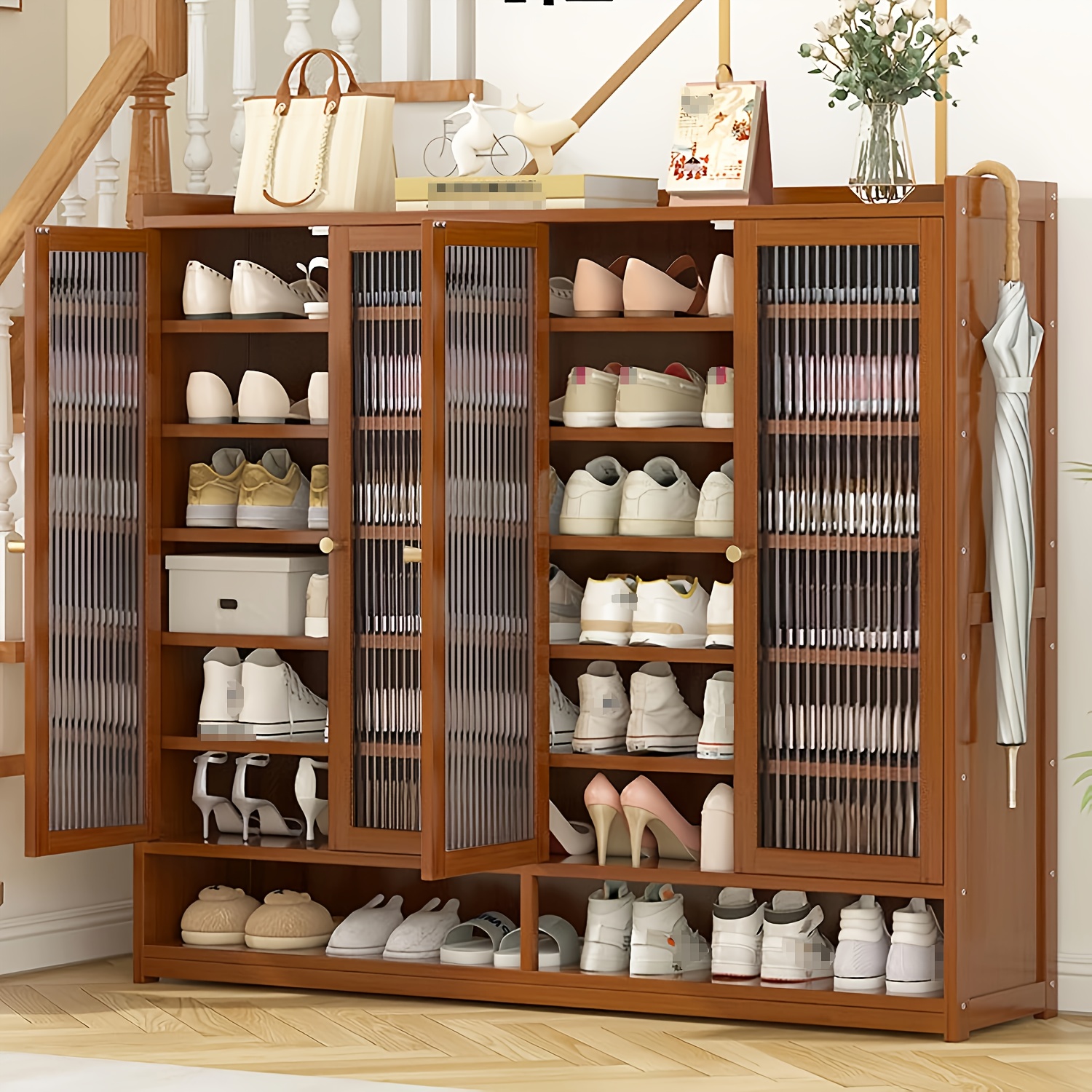 Armario De Zapatos De Bambú Con Puerta Transparente - 7 Capas, 80x31x107 Cm, Marrón