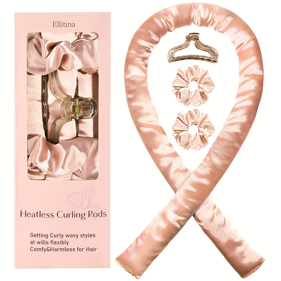 TEMU Ellitina Lot de 4 Bigoudis en Satin Chaleur - Bigoudis pour Dormir - Kit de Bouclage Chaleur avec Scrunchies en Satin et Pince, Pour Tous Types