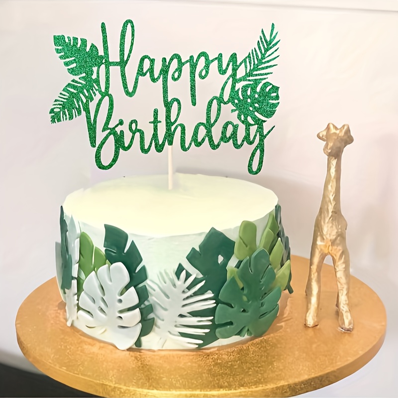 Image of 1pc Leaf Happy Birthday Cake Topper Green Glitter Hawaiian Luau Plant Leaves Cake Picks Tropical Theme Birthday Party Decorations, Christmas