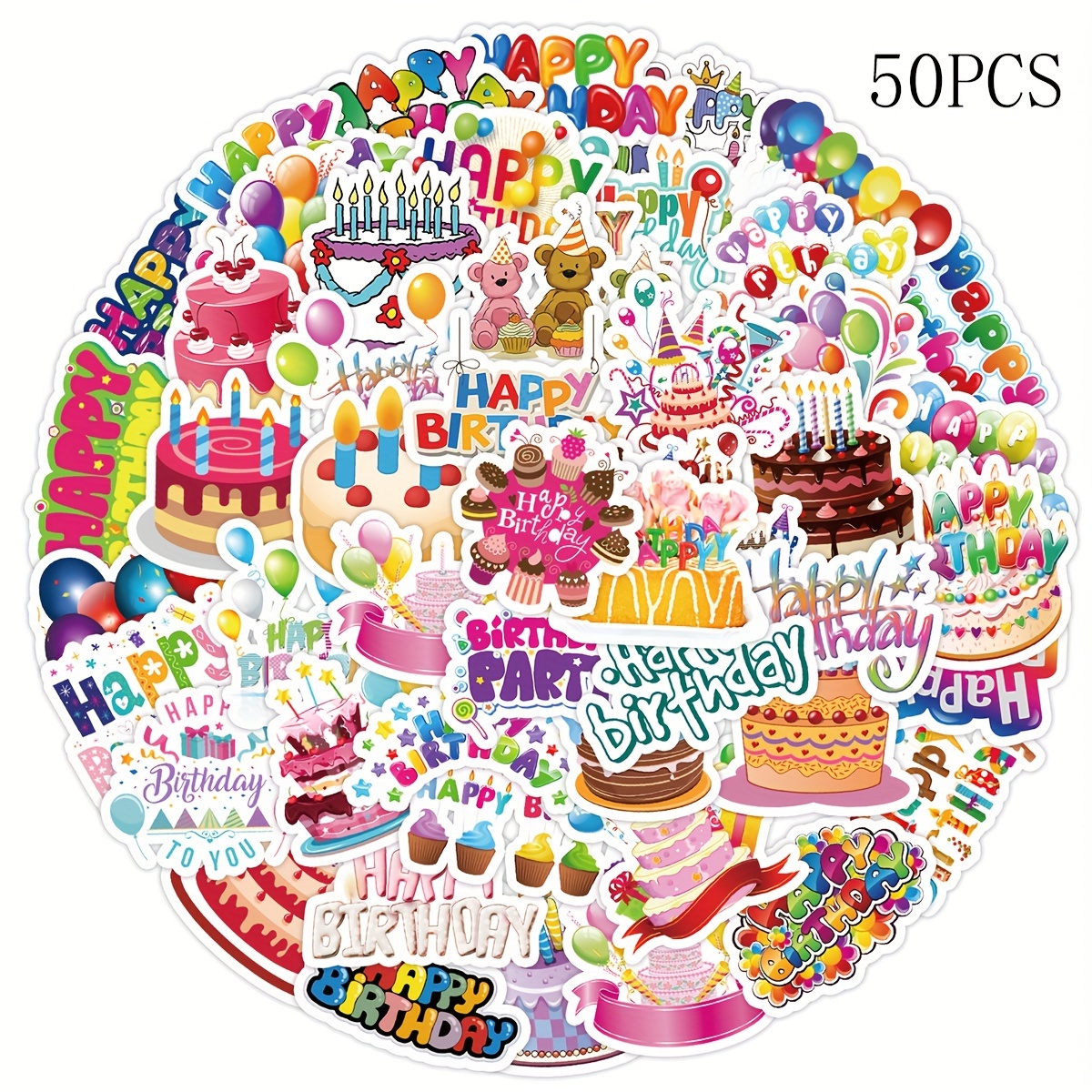 Image of 50pcs Happy Birthday Stickers Vinyl Aesthetics Stickers For Scrapbooking, Diary, Laptop, Bumper, Skateboard, Water Bottle, Computer, Phone, Cartoon, Hard Hat, Car Stickers And Decals
