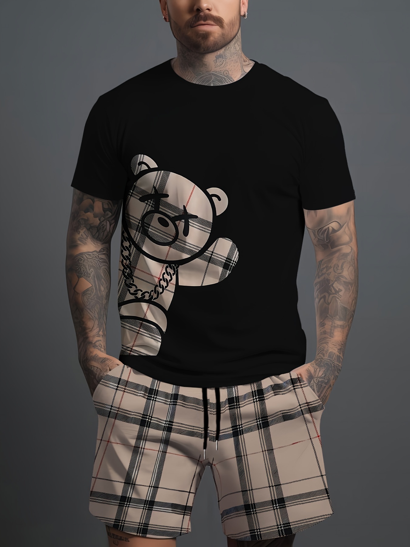 mens outfit bear graphic   crew neck short sleeve t shirt checkered graphic print shorts 2 piece set for summer outdoor activities black 0
