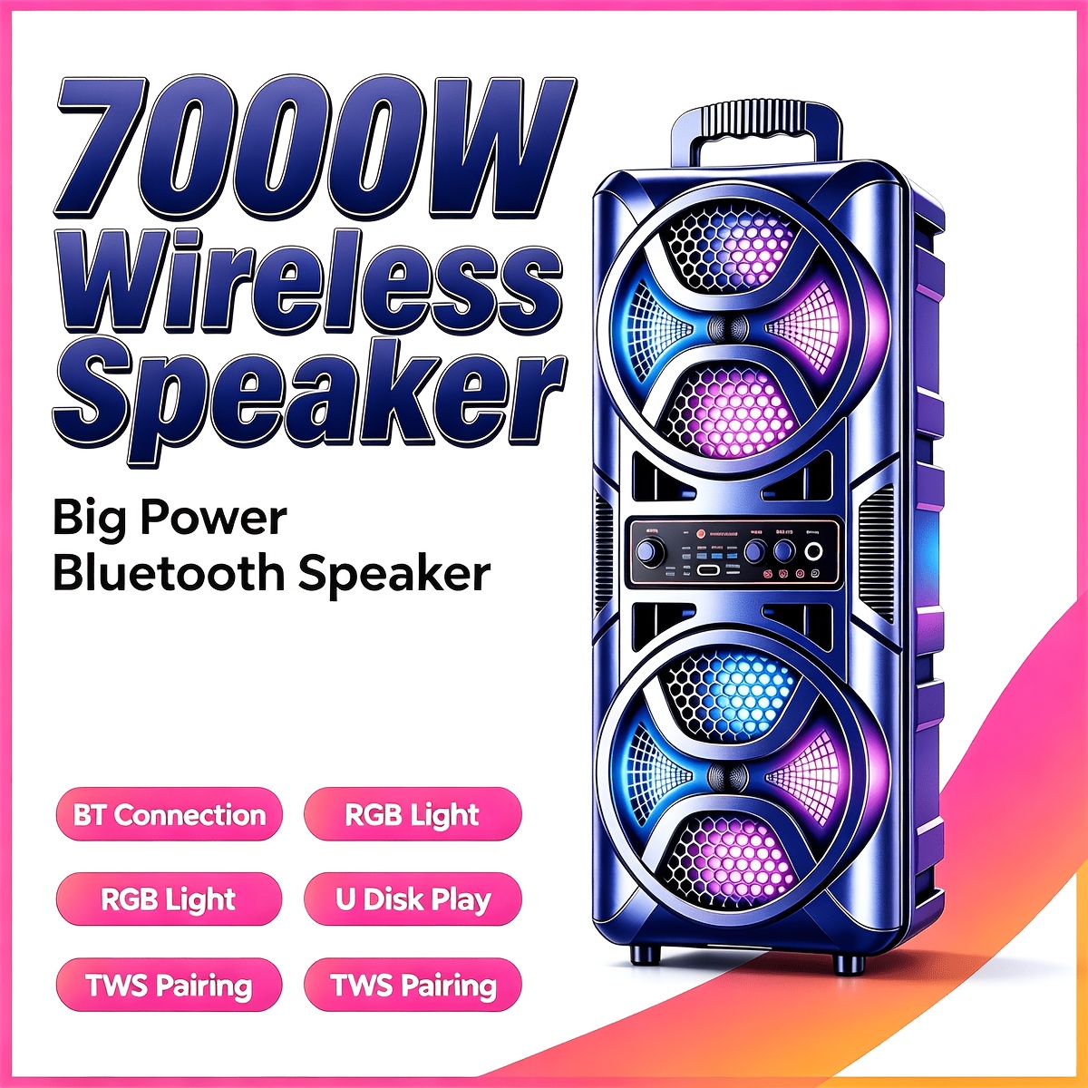 7000w Portable Party Bluetooth Speaker, Powerful , Led Lighting Effect, Surround Sound, Rechargeable Wireless Speaker, Suitable For Parties, Camping And Entertainment, Compatible With