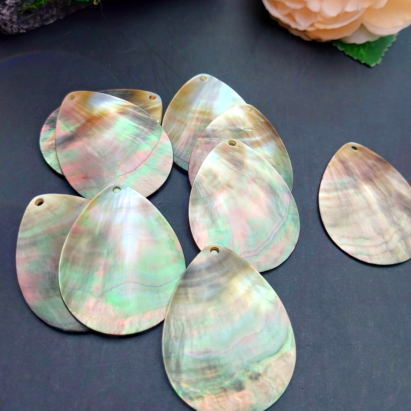 

Natural Abalone Shell Teardrop Charms, 4-piece Set, 45x35mm, Black Butterfly Iridescent Pendant For Jewelry Making And Diy Crafts