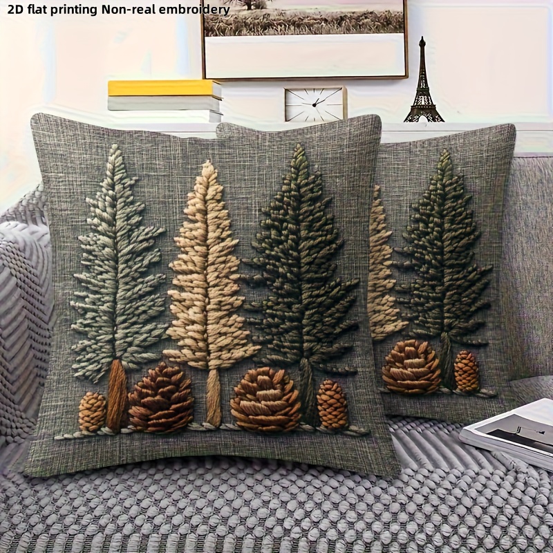 TEMU 2pcs 2d Flat Printing, Non-real Embroidery Short Plush Single-sided Print Pillow Covers, Pine Pattern, Embroidery, Hand Washable And Machine