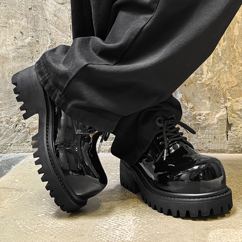 Punk Style Metal Buckle Platform Shoes, Glossy Patent Round Toe Shoes, Street Trend Dark Style Casual Shoes
