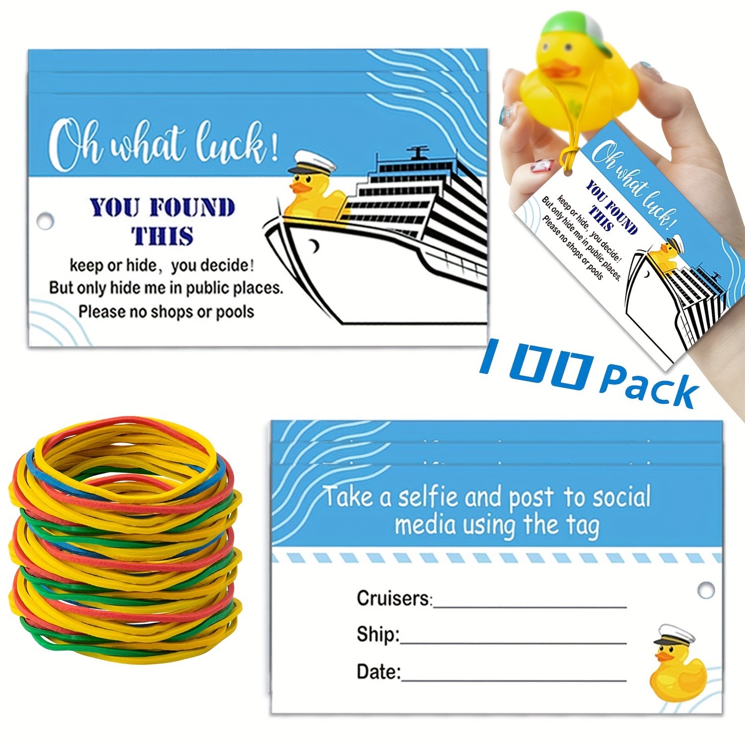 

100sets Duck Duck Tags Ducking Game Card Cruise Duck Tags Cruising Tags Bulk Double Sided Printed Duck Tags With Hole And Rubber Bands For Sailing Carnival Party Favors Pack