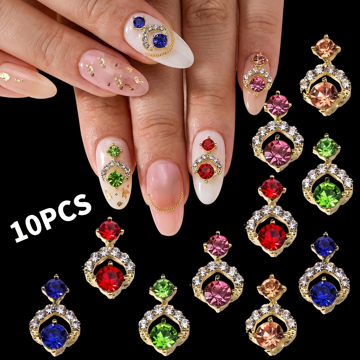 TEMU Lot de 10 breloques à strass pour ongles - Clous à ongles ronds brillants adaptés pour manucure DIY, décorations de nail art, colorées pour