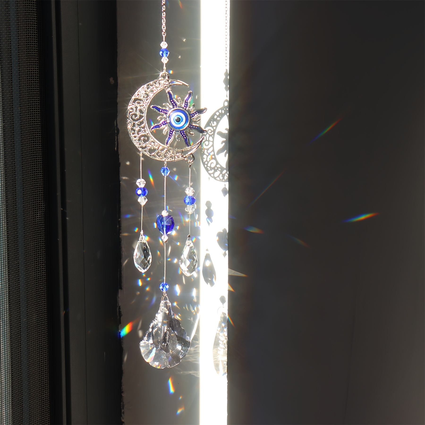 

1pc Evil Eye Moon Sun Crystal Suncatcher Hanging Ornament For Home Window Garden Decoration, Glass Material