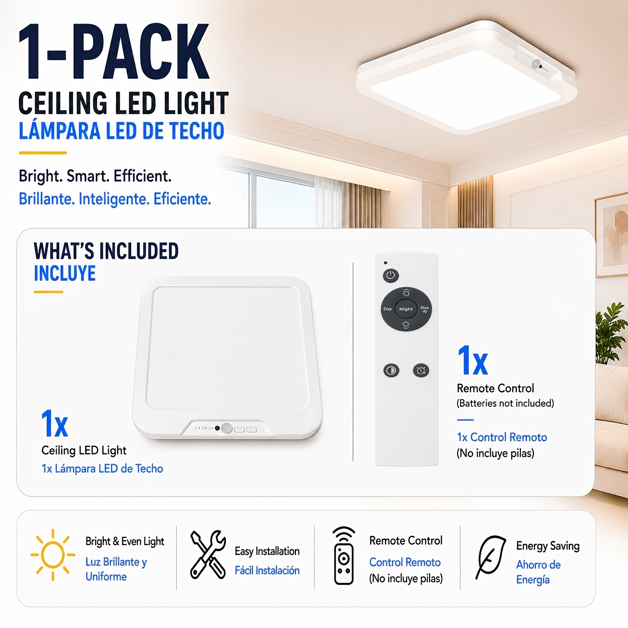 TEMU Plafonnier fil rechargeable avec détecteur de mouvement, lampe de plafond LED à montage encastré avec télécommande, luminosité réglable,
