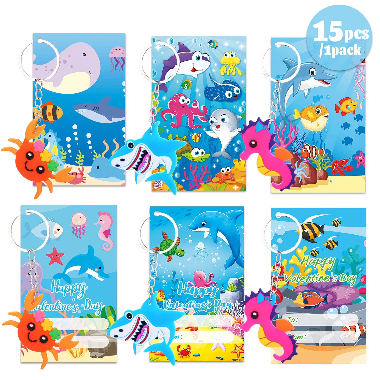 

15-pack Marine Animal Themed Valentine's Day Cards With Keychains, Paper & Pvc, No Batteries Needed, Featherless, Classroom & Party Favors