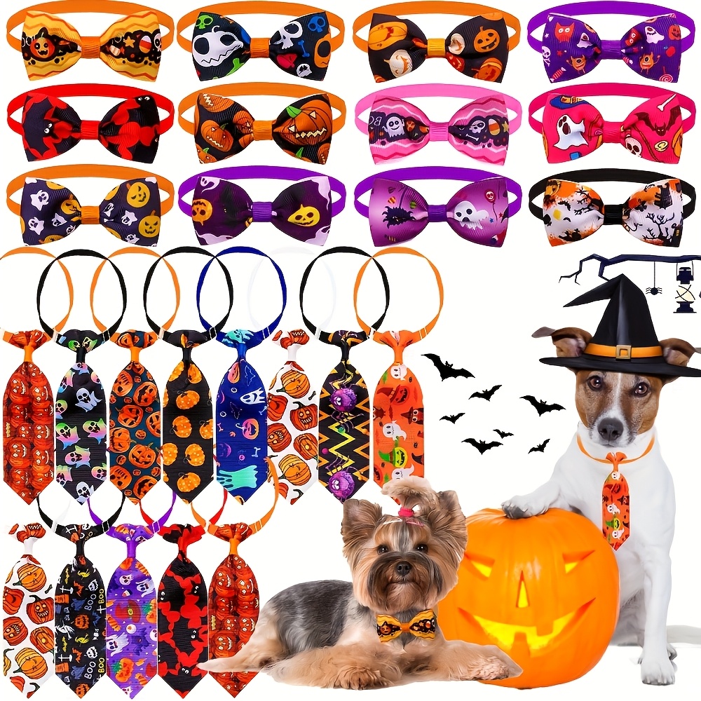 TEMU 12pcs Pack (random Colors) Adjustable Dog & Bow Ties Collars - Washable Suitable For Halloween Party, Pumpkin/ Print Bowties For Pets, Collars