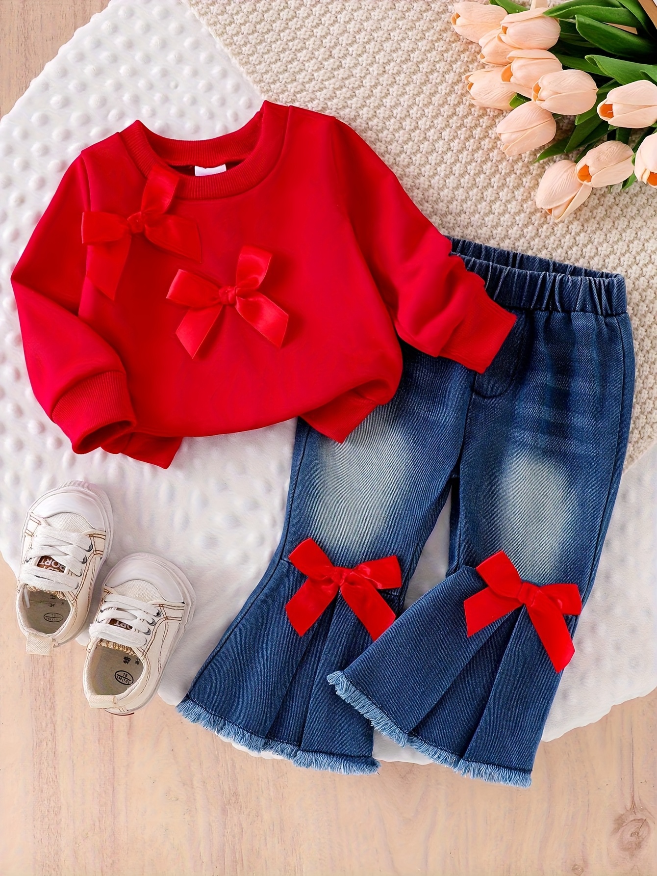 2pcs set baby girl casual long sleeve crew neck sweatshirt with bow decoration and   flared jeans with bow detail fabric   stretch solid   for   for outdoor Product details 3