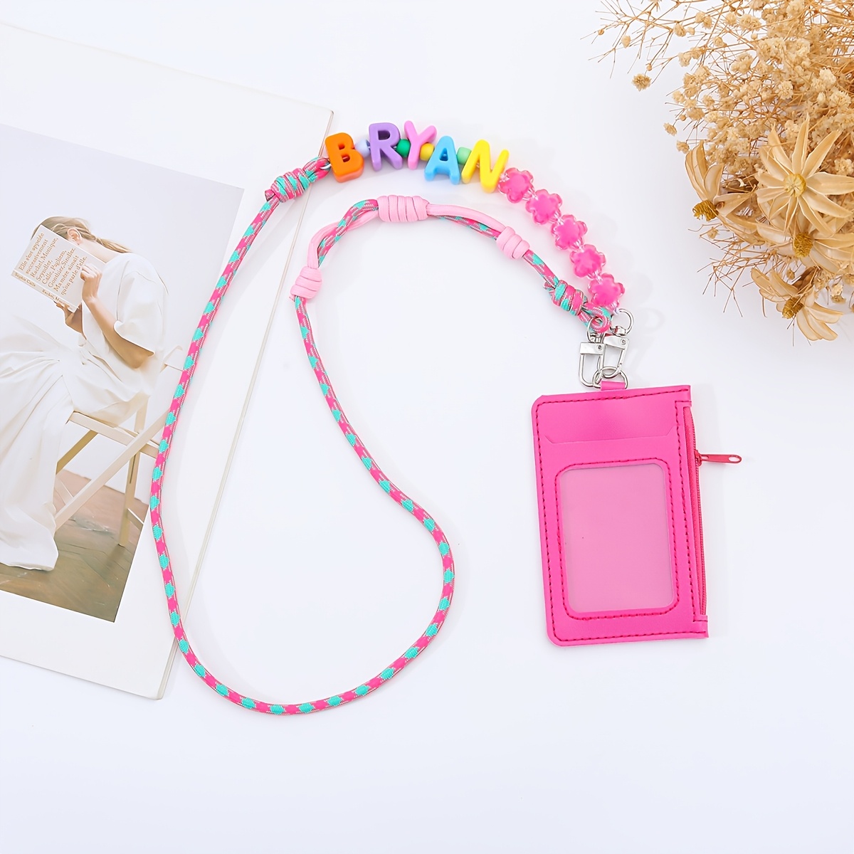 TEMU Porta tessera personalizzato 2D 1 pz multicolore con cordino, porta fai-da-te con perline e lettere, porta badge acrilico con lettere per