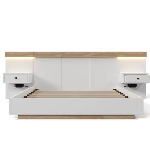 Juego de Cama con 2 Mesitas de Noche, Cama de Madera de 140 x 200 cm 2 Mesitas de Noche, Conjunto Completo para Dormitorio - 205 x 244 x 90.5 cm (L/An/Al), / (Colchón No Incluido)