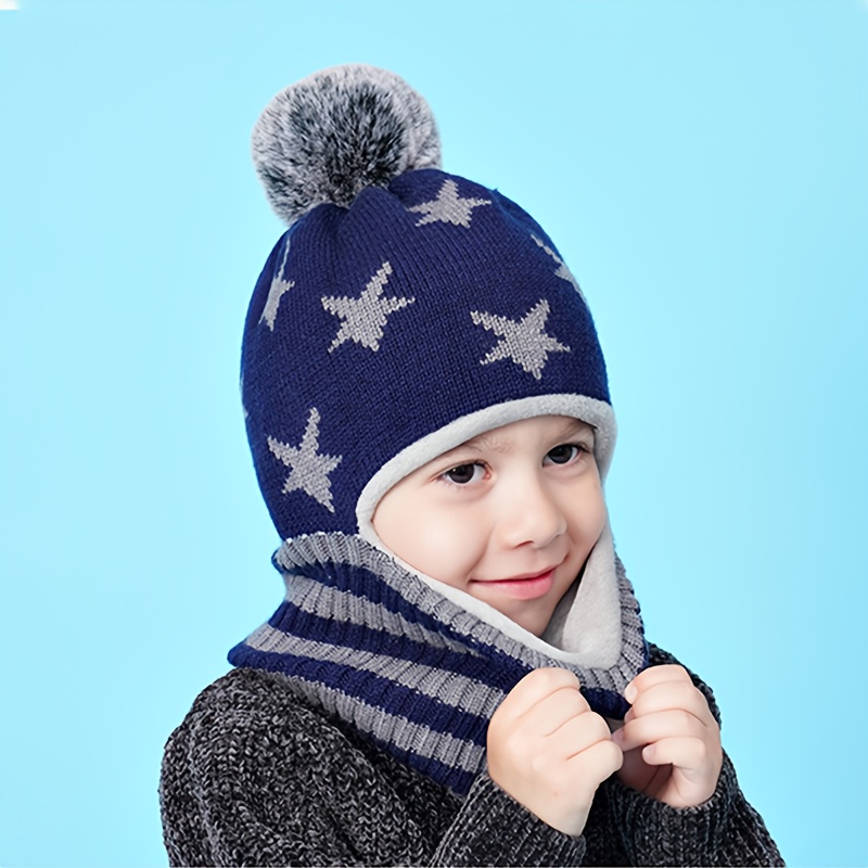 Image of Kids Hat Scarf Set Face Mask, Winter Knitted Hat For Outdoor Snowy Cold Weather, Warm Ear Protection, Children's Hat & Scarf Combo, Suitable For Halloween, Thanksgiving, Christmas Gifts 3-7