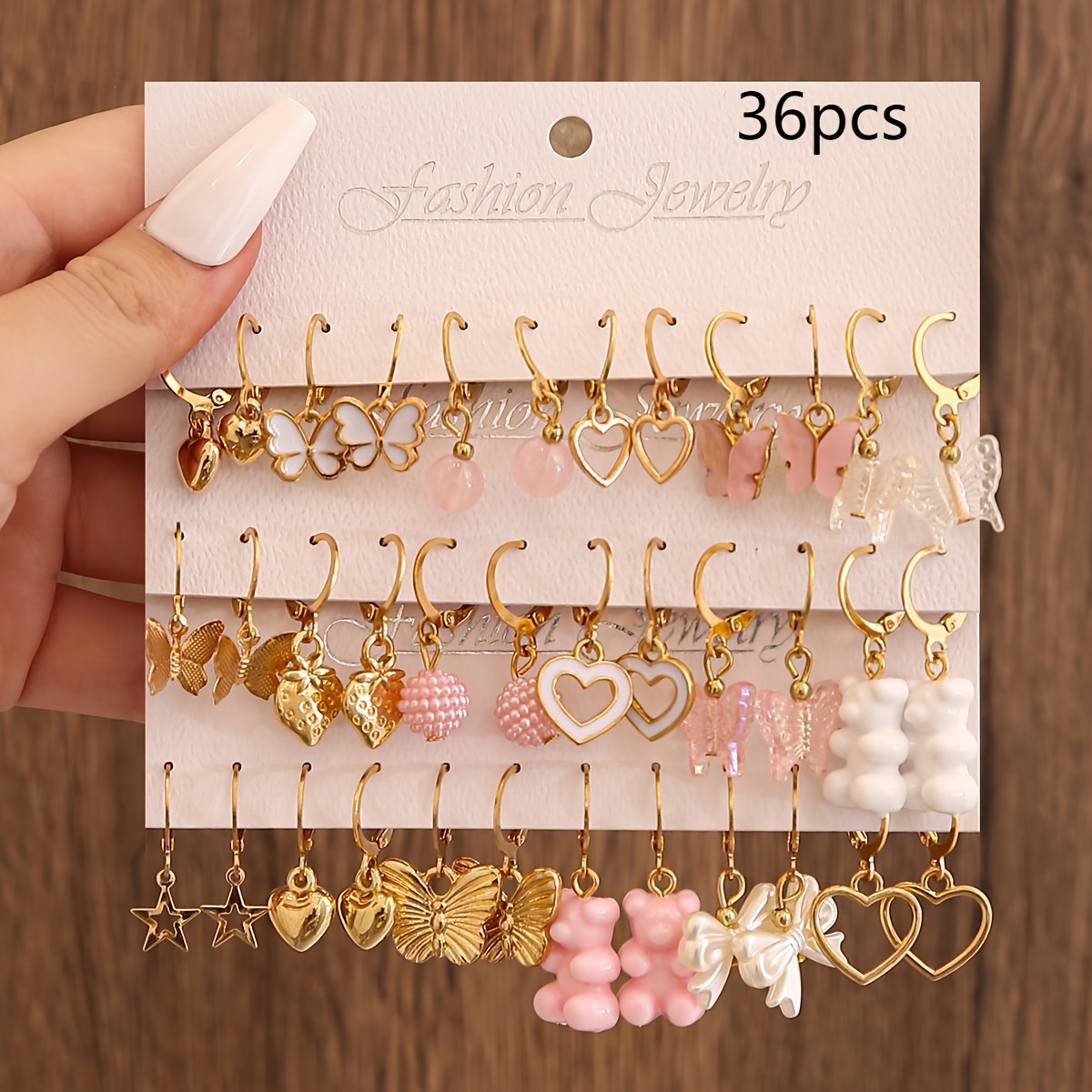 Image of 36pcs/12pcs Cartoon Earring Set Featuring Pink , Transparent Butterflies, And Hollow Heart Shapes, Perfect For Cute Everyday Casual And Vacation Wear