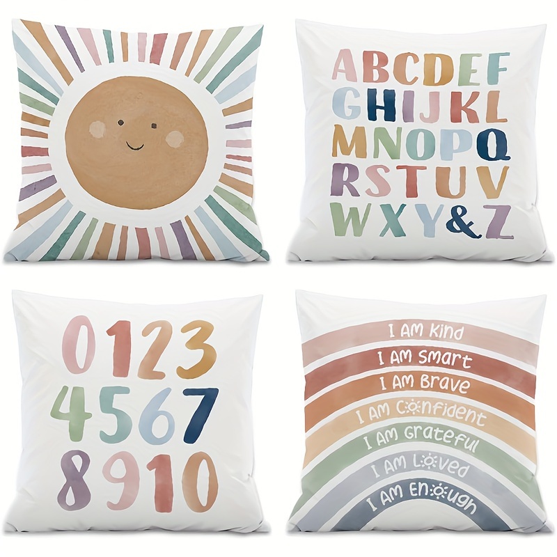 Image of 4pcs Abc Alphabet Short Plush Pillow Covers, I Am Kind Smart Inspirational Reading Nook Classroom Decor Pillowcase, Suitable For Reading Room Daycare Bed Home Bedroom Decoration