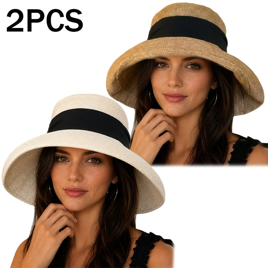 TEMU 2pcs Set Outdoor Sun Hat, Women's Beach Hat, Outdoor Travel Women's Hat, Wide Brim Hat, Suitable For Travel, Vacation, , Outdoor Daily Wear