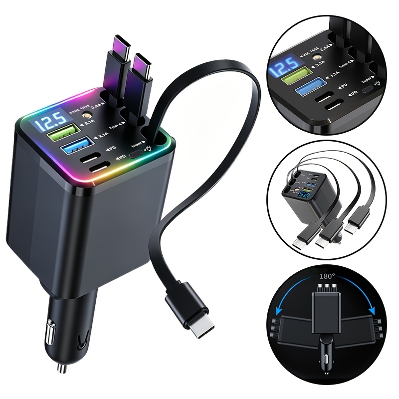 Extendable Car Fast Charger With 3 Retractable Charging Cables, Featuring 2 Usb And 2 Type-c Ports, 13.8v Output, A Compact And Charging Solution With 180° Adjustable Angle, Led Digital Display