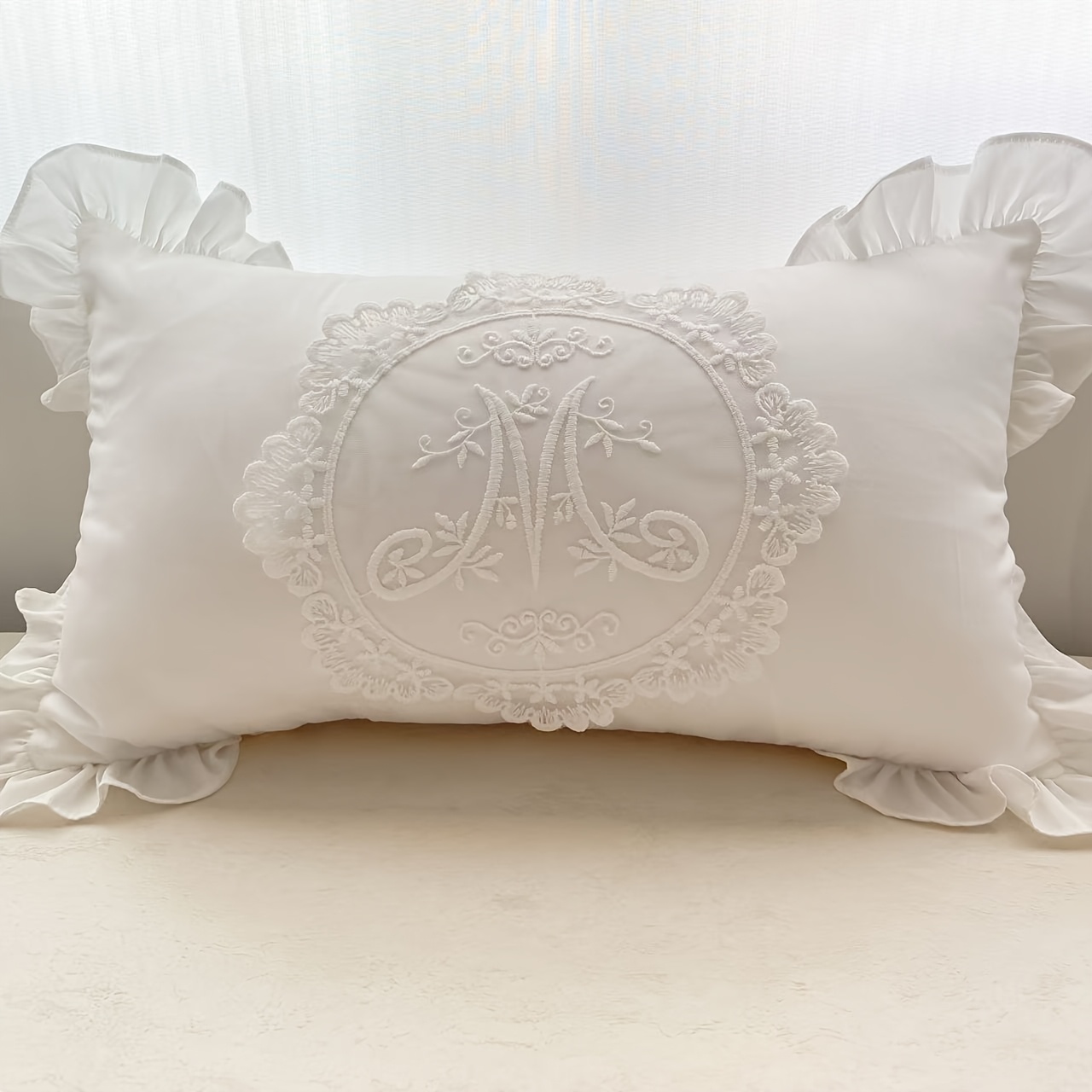 Image of 1pc Cover, 1oc Bohemian Style Patch Cushion Cover, Handmade Pleated Bunny Ears Ruffle Hem Bolster Case, 18*18inch & 16*16inch Dual Sizes With Removable Wash Zipper Design