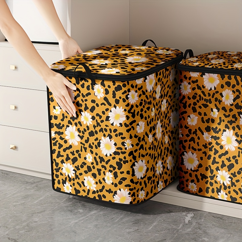 1pc clothing lid storage box, leopard print flower print storage bag, large  capacity folding storage bag for blankets, quilts and clothes durable no