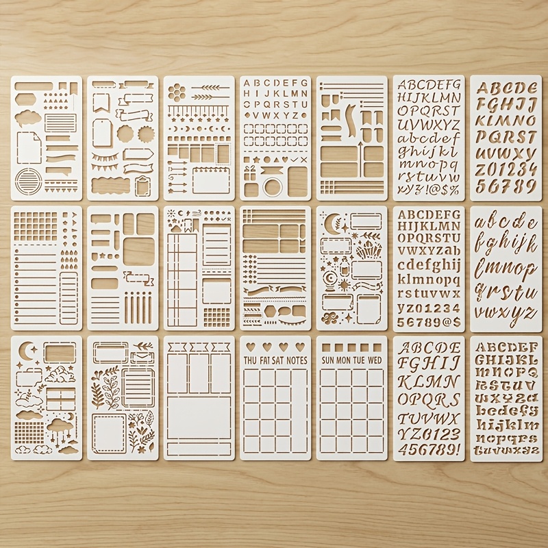 TEMU 21pcs Journal Stencil Set, 4 X 7 Inch Reusable Plastic Planner Drawing Template, Alphabet Number Grid Weekly Layout Stencils For Journal,