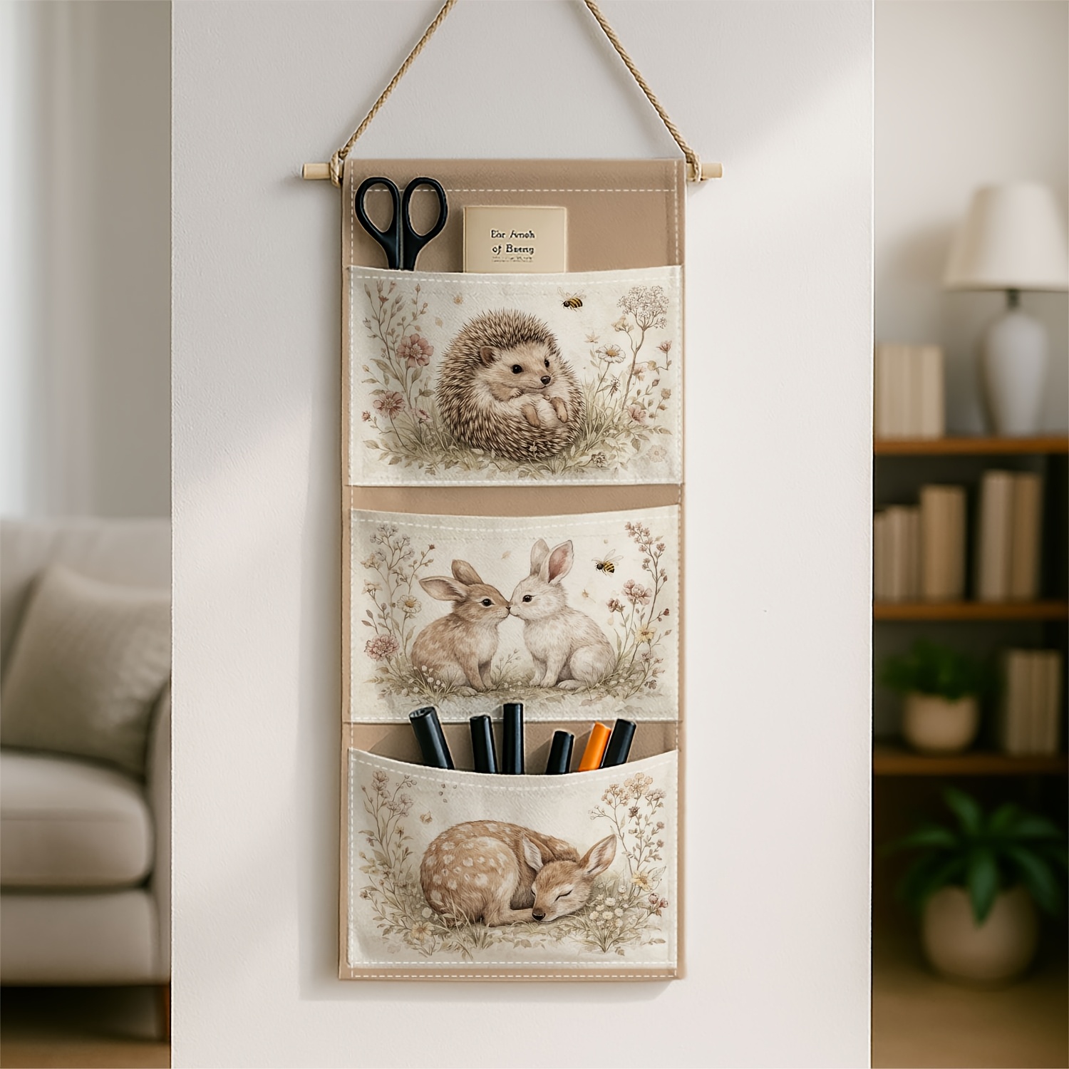 TEMU 1pc Hedgehog & Rabbit Woodland Wall Hanging Storage Bag - Fabric Organizer With Hanging Hook, Beige Suitable For,, Bedroom - Space-saving