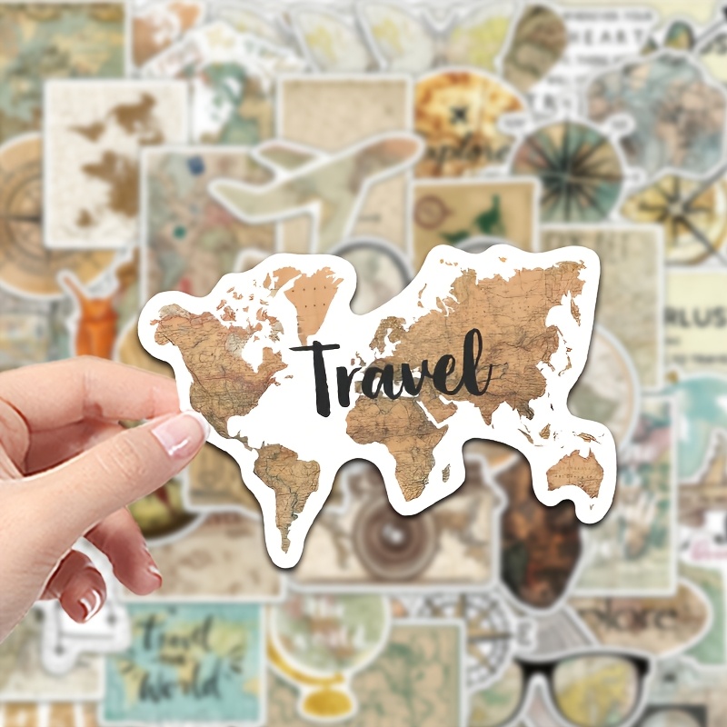 pack of 50 travel map airplane map scene stickers pvc vinyl colorful cartoon patterns aesthetic cell phone and laptop stickers skateboard and guitar decorations