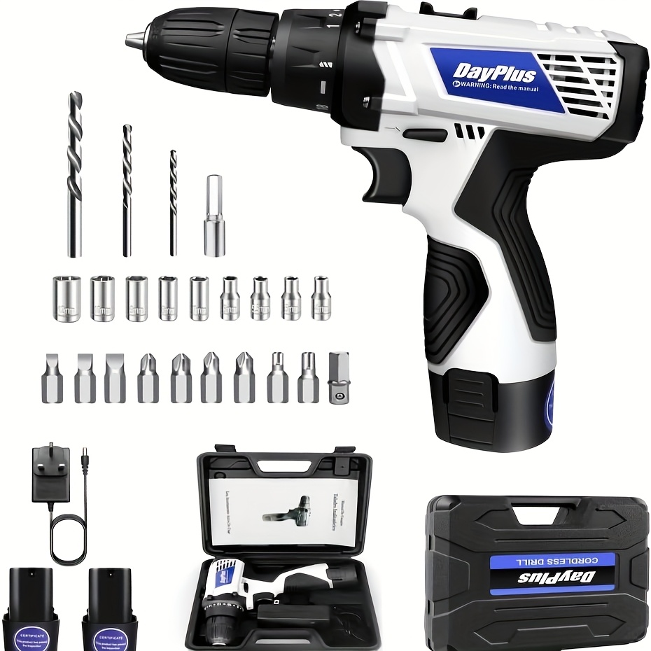TEMU Cordless Drill, 16.8v Cordless Screwdriver Set With 1.5 Ah Batteries, Led Work Light, 2-speed, 45 Nm, 25 + 1 Torque Levels, Cordless Drill Screwdriver Diy With 26pcs Accessories