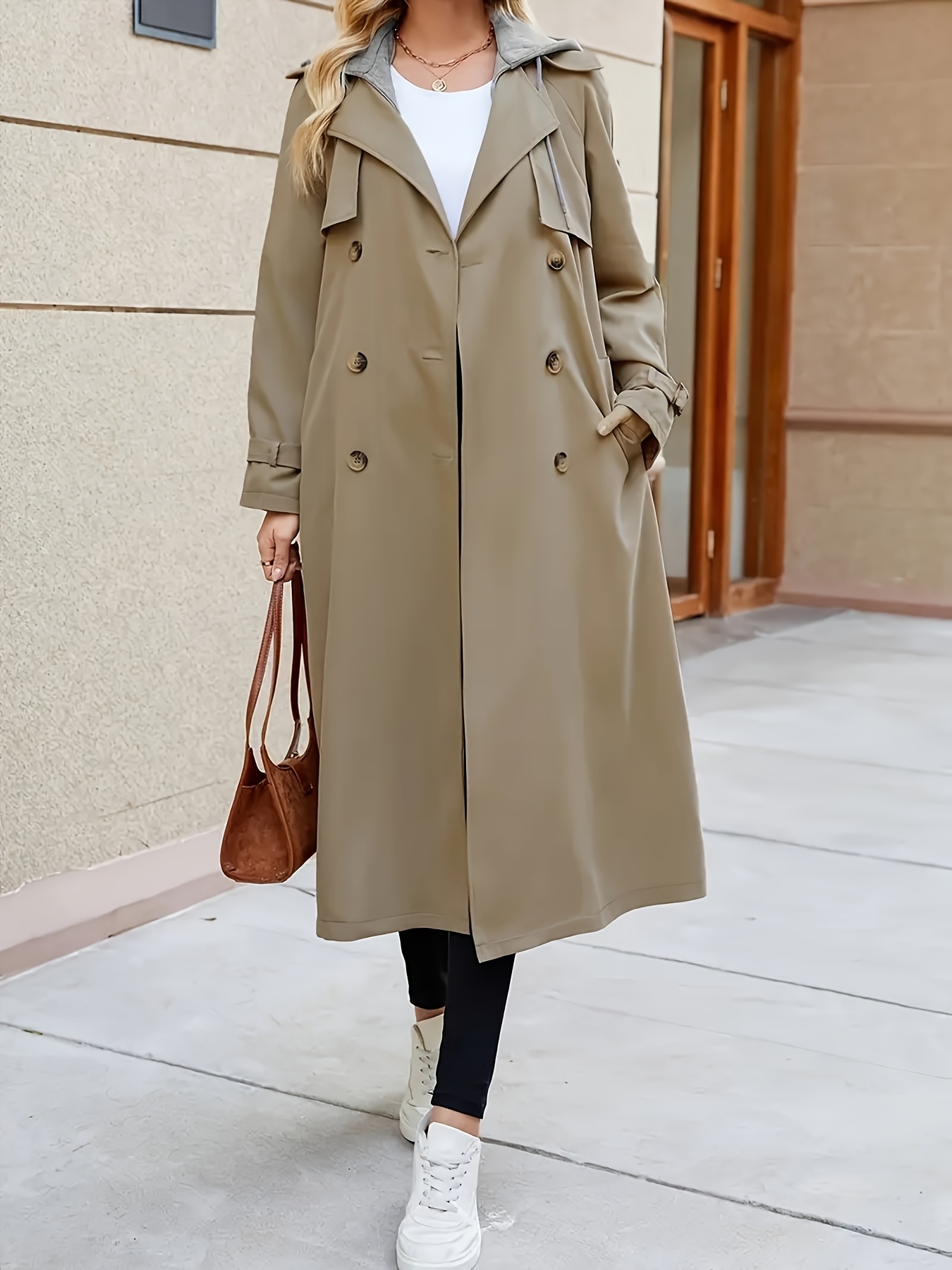 plus size - dmsk beige trench size s odnmatelnou kapuc & pskem - pohodln dlouh vtrovka na /podzim, netahav ltka, bl tenisky & hnd kabelka, jarn vrchn obleen | kabt s pskem | netahav ltka 0