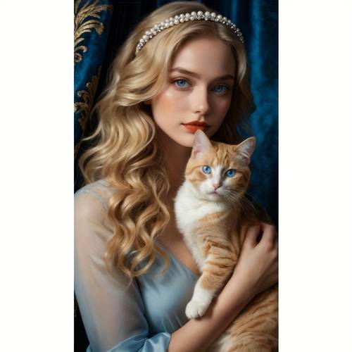 poza articolului set de pictură cu diamante: o doamnă elegantă îmbrățișând o pisică portocalie, pictură artistică 5d cu diamante rotunde fără ramă, pânză diy cu acoperire completă, meșteșug de pictură în , artizanat, potrivit pentru living, dormitor, birou, artă decorativă de perete: cel mai bun artizanat
