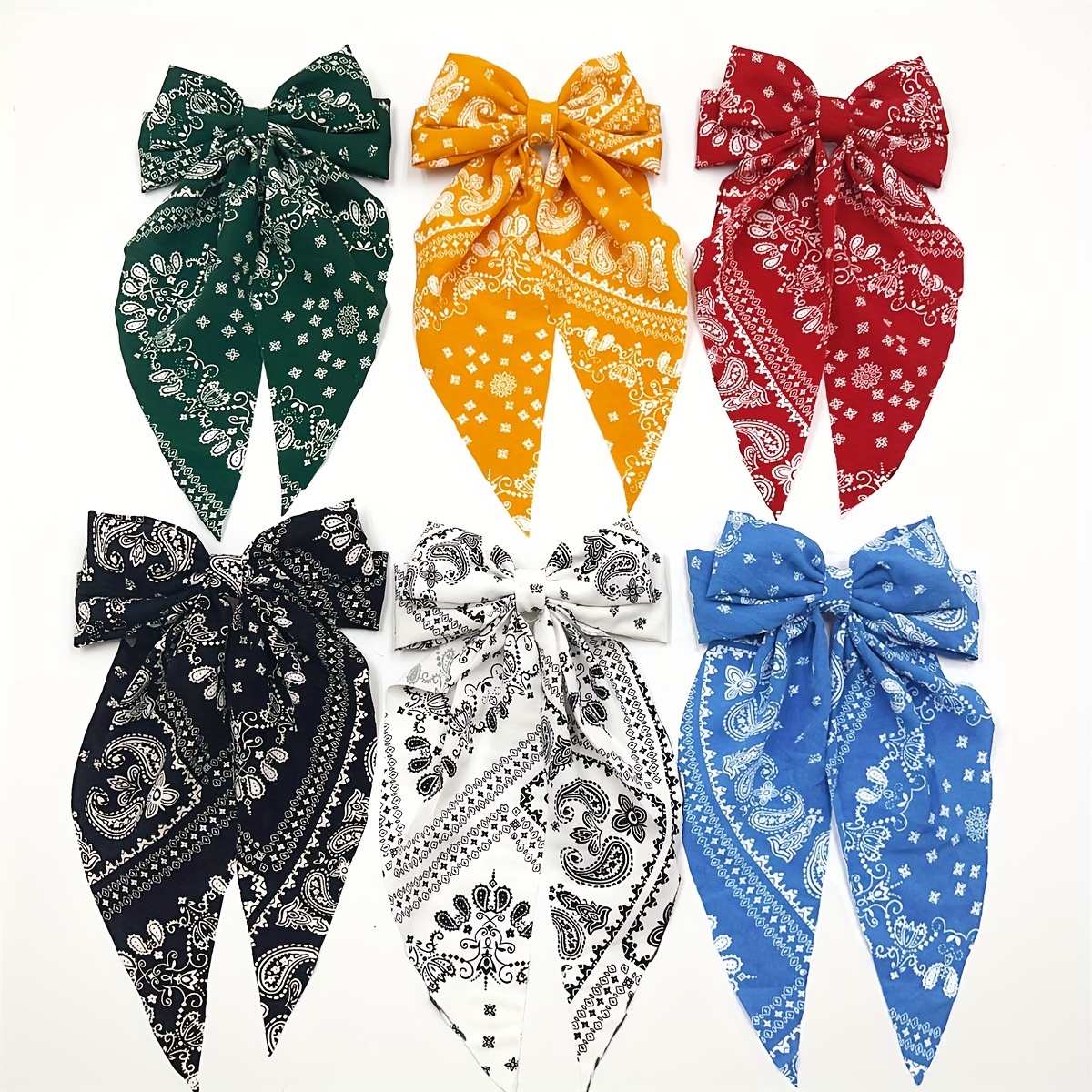 

6-piece Elegant Boho Paisley Bow Hair Clip Set - Chic Fabric Streamer Barrettes For Women & Girls, Perfect For Styling Updos & Vacation Looks