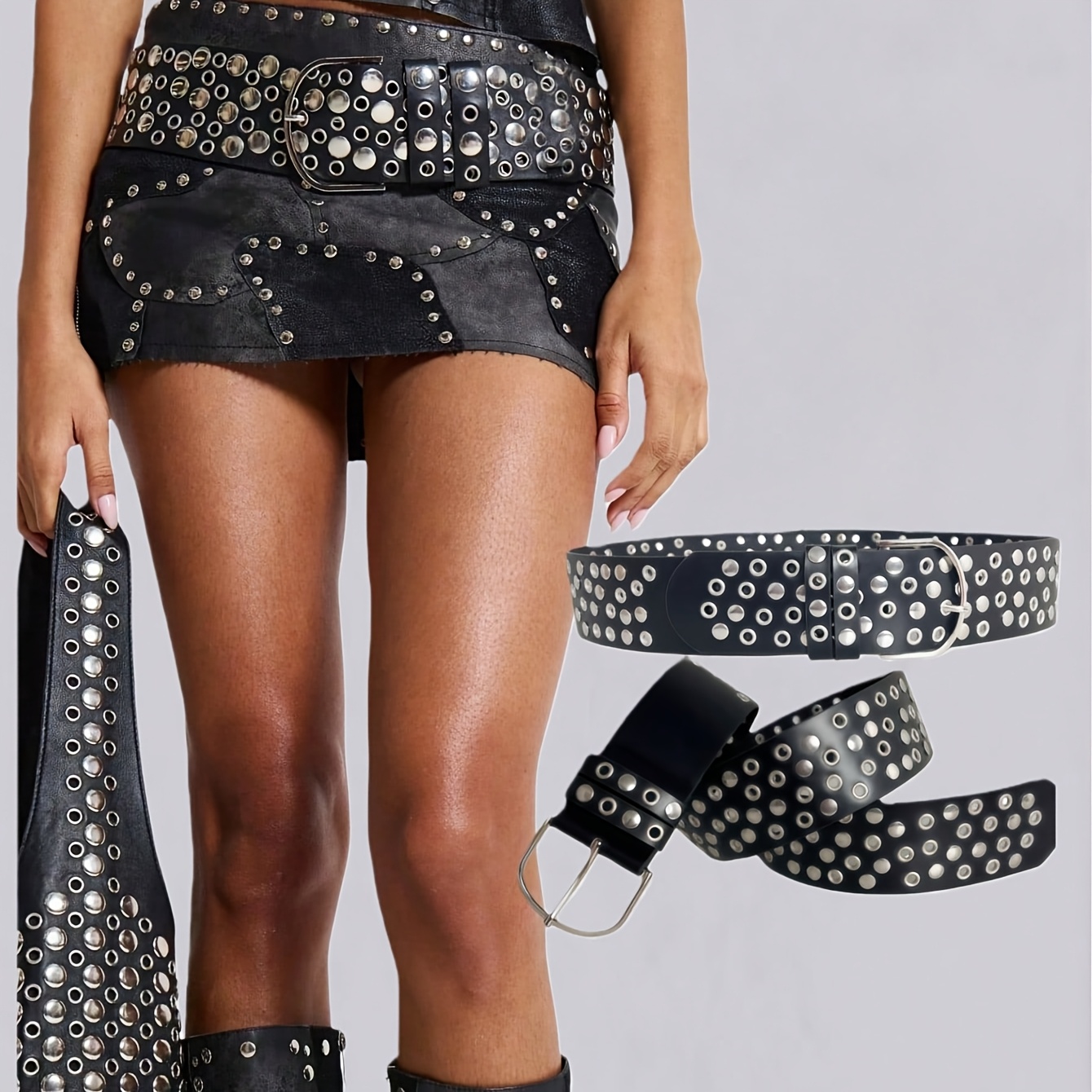 Image of New Rivet Punk Eyelet Waist Belt. A Hip-hop And Rock-inspired Faux Leather Belt With . It Features A Dark, Edgy Metallic Style, A Unique And Fashionable Option As A Pants Belt Emo Ootd