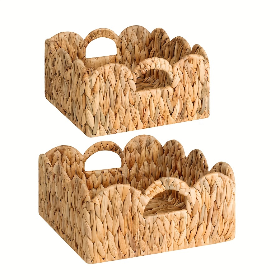 

2-piece Vintage Wicker Storage Baskets With Scalloped Edges And Handles - Natural Water Hyacinth Organizing Bins For Shelves