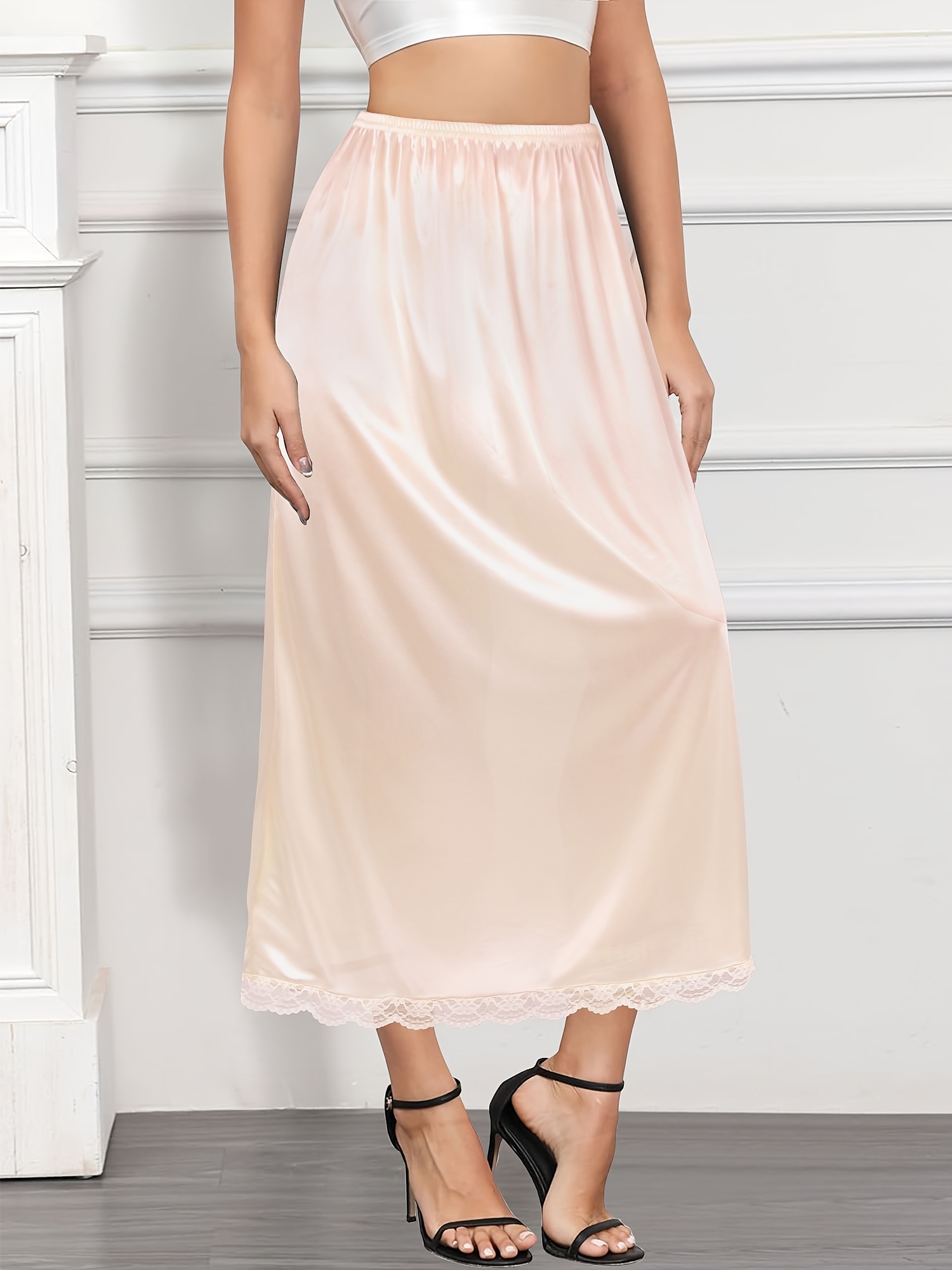 womens elegant contrast lace trim petticoat skirt semi sheer